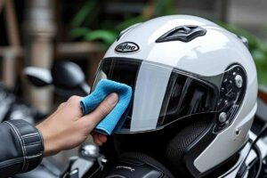 Una mano pulisce la visiera del casco