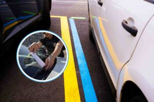 Un'auto parcheggiata all'interno delle strisce blu