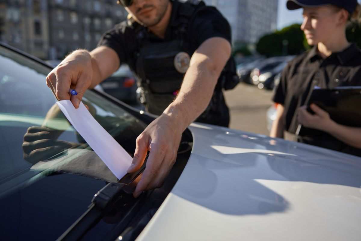 agenti che mettono una multa su un'auto